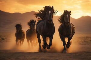 ai genererad en grupp av graciös svart hästar galopperande längs de sand på solnedgång foto