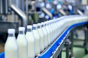ai genererad mjölk flaskor på en transportband bälte i en mejeri fabrik. foto