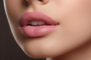 ai genererad sensuell kvinna mun med rosa läppstift, närbild foto