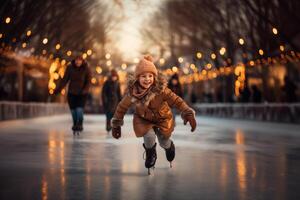 ai genererad liten Lycklig flicka skridskoåkning på ett is rink i vinter- foto