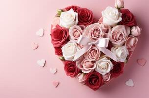 ai genererad röd och vit hjärta gåva med ro på en rosa bakgrund foto