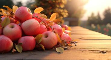 ai genererad röd äpplen på de träd i höst höst på trä- tabell scen foto