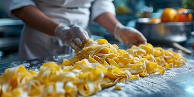 ai genererad klassisk pasta på kök bakgrund. diet och mat begrepp. foto