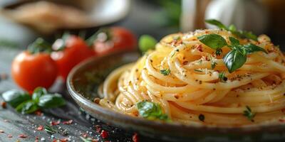 ai genererad klassisk pasta på kök bakgrund. diet och mat begrepp. foto