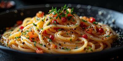 ai genererad klassisk pasta på kök bakgrund. diet och mat begrepp. foto