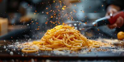 ai genererad klassisk pasta på kök bakgrund. diet och mat begrepp. foto