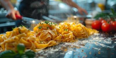 ai genererad klassisk pasta på kök bakgrund. diet och mat begrepp. foto