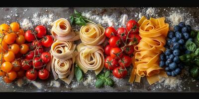 ai genererad klassisk pasta på kök bakgrund. diet och mat begrepp. foto