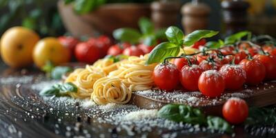 ai genererad klassisk pasta på kök bakgrund. diet och mat begrepp. foto