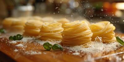 ai genererad klassisk pasta på kök bakgrund. diet och mat begrepp. foto