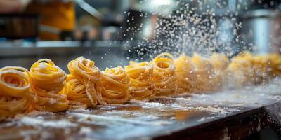 ai genererad klassisk pasta på kök bakgrund. diet och mat begrepp. foto