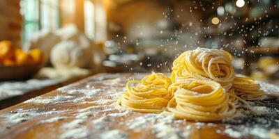 ai genererad klassisk pasta på kök bakgrund. diet och mat begrepp. foto