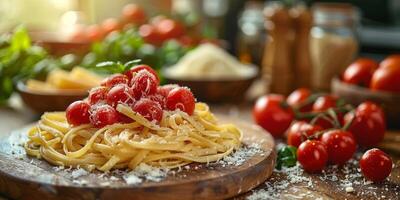 ai genererad klassisk pasta på kök bakgrund. diet och mat begrepp. foto