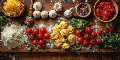 ai genererad klassisk pasta på kök bakgrund. diet och mat begrepp. foto