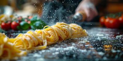 ai genererad klassisk pasta på kök bakgrund. diet och mat begrepp. foto