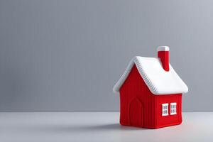 ai genererad termisk isolering begrepp, stickat hus på en minimalistisk bakgrund foto