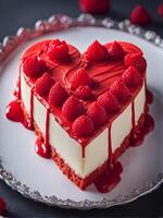 ai genererad hjärtformad röd cheesecake med rosor, bär och hjärtan foto