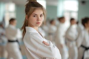 ai genererad porträtt av flicka i traditionell kläder Träning erfaren karate kämpe klubb krigisk konst i de Träning rum med de deltagarna i de bakgrund foto