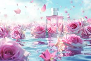 ai genererad elegant parfym flaska omgiven förbi rosa ro och kronblad på en reflekterande yta foto