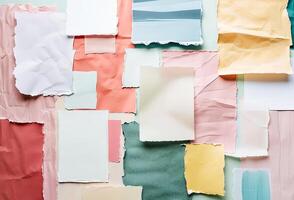ai genererad en färgrik sortiment av trasig papper bitar anordnad kreativt på en platt yta foto