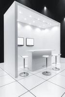 ai genererad modern utställning stå med rena vit design och spotlights på en handel visa händelse foto