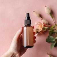 ai genererad kvinna hand innehav kosmetisk spray flaska på persika Färg bakgrund med blommor foto