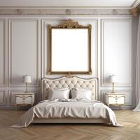 ai genererad tom gyllene Foto ram på dekorativ vägg med klassisk sovrum