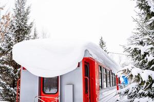 en röd vagn står under en lager av snö på de station. en snödriva hänger på de tak. foto