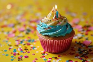 ai genererad färgrik födelsedag muffin med ljus och konfetti foto