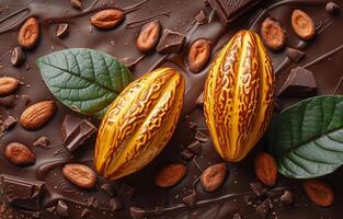 ai genererad två färsk kakao skida och kakaos med löv och nötter på mörk bakgrund foto