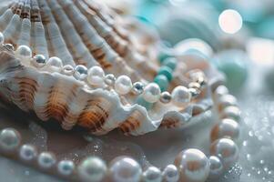 ai genererad oceanisk överflöd snäckskal halsband med pärlor och turkos foto