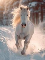 ai genererad vit shetland ponny löpning i de snö i vinter- foto