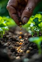 ai genererad jordbrukare hand plantering sojaböna utsäde i de vegetabiliska trädgård foto