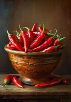 ai genererad röd varm chili paprikor i trä- skål foto