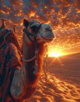 ai genererad kamel och de solnedgång. stor skön kamel i de öken- foto