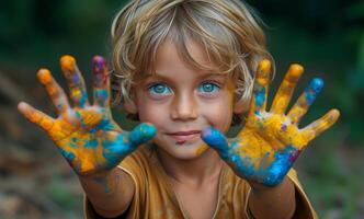 ai genererad pojke visar hans händer målad med färger. foto