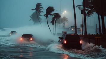 ai genererad bilar navigera en kust väg mitt i stark vindar och stigande översvämningsvatten, visa upp de Allvarlighetsgrad av de storm foto