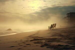 ai genererad kortlivad morgon- dimmig strand solnedgång. generera ai foto