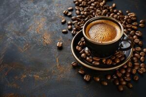 ai genererad en kopp av aromatisk kaffe med kaffe bönor runt om på en mörk lyx bakgrund med kopia Plats foto