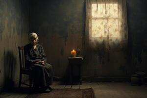 ai genererad ensam gammal kvinna Sammanträde ensam i främre av de dörr. Hem rum foto