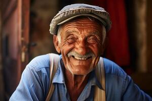 ai genererad fängslande Foto av italiensk gammal man leende. generera ai