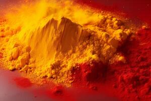 ai genererad explosiv röd gul pulver explosion. generera ai foto