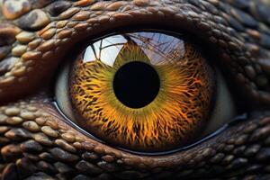ai genererad glansig reptil- öga närbild. generera ai foto