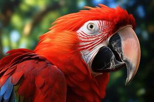 ai genererad detaljerad röd papegoja huvud närbild. generera ai foto