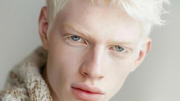 ai genererad internationell albinism medvetenhet dag, porträtt av ett albino kille av modell utseende, genetisk funktion, ren Snövit hud, ser in i de kamera foto