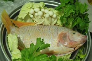 färsk rubin fisk med röd Färg med grönsaker och svamp i de rostfri skål för matlagning. foto