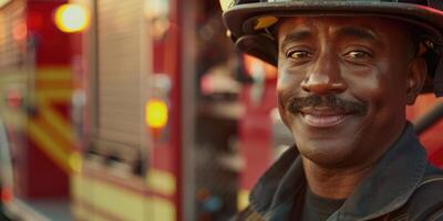ai genererad internationell brandmän dag, porträtt av ett afrikan-amerikan manlig brandman i enhetlig, brand lastbilar i en brand station, de begrepp av farlig och riskabel yrken foto