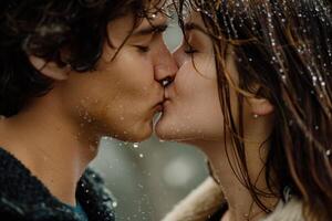 ai genererad en par kissing i de regn i en stänga upp skott, söt kyss Foto