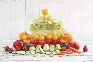ai genererad blandad frukt och grönsaker anordnad i regnbåge lutning i triangel form, värld konst dag bild foto