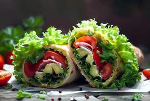 ai genererad färgrik veggie wraps och smörgåsar med färsk Ingredienser perfekt för en friska lunch eller mellanmål, mexikansk maträtter bild foto